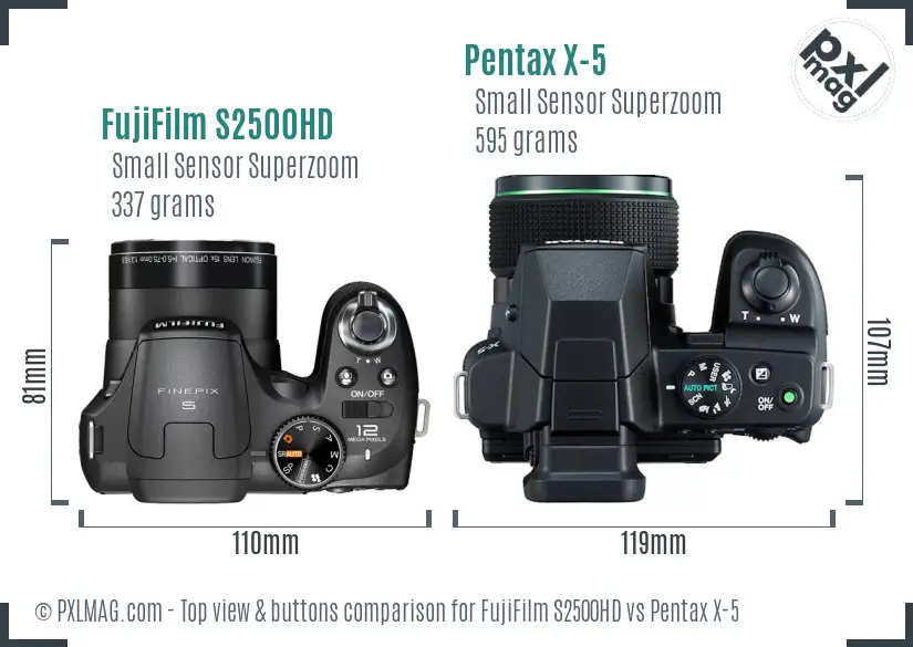 FujiFilm S2500HD vs Pentax X-5 top view buttons comparison