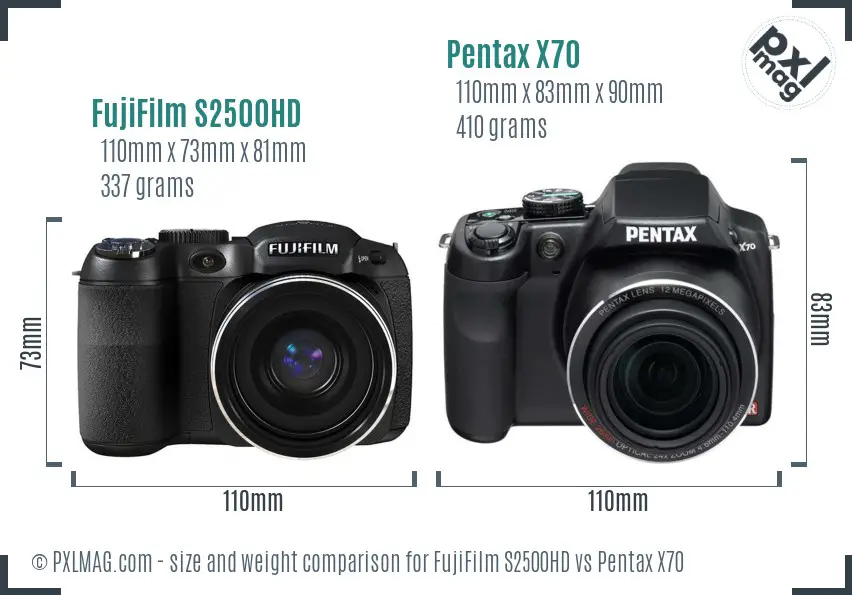 FujiFilm S2500HD vs Pentax X70 size comparison