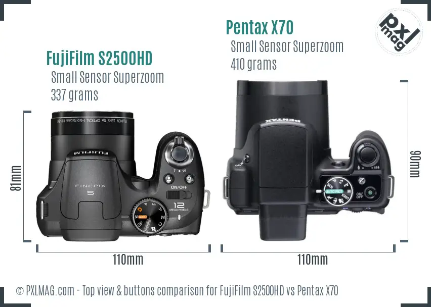 FujiFilm S2500HD vs Pentax X70 top view buttons comparison