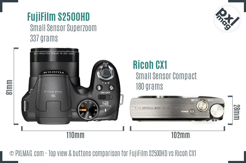 FujiFilm S2500HD vs Ricoh CX1 top view buttons comparison FujiFilm S2500HD vs Ricoh CX1 top view buttons comparison