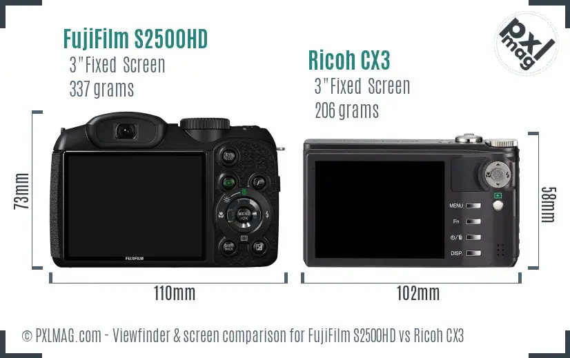 FujiFilm S2500HD vs Ricoh CX3 Screen and Viewfinder comparison