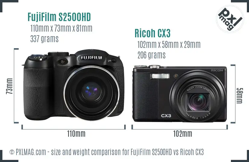 FujiFilm S2500HD vs Ricoh CX3 size comparison