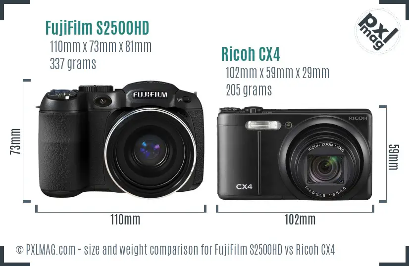 FujiFilm S2500HD vs Ricoh CX4 size comparison