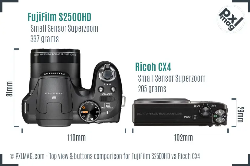 FujiFilm S2500HD vs Ricoh CX4 top view buttons comparison
