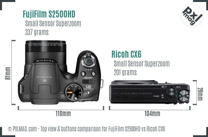 FujiFilm S2500HD vs Ricoh CX6 top view buttons comparison FujiFilm S2500HD vs Ricoh CX6 top view buttons comparison