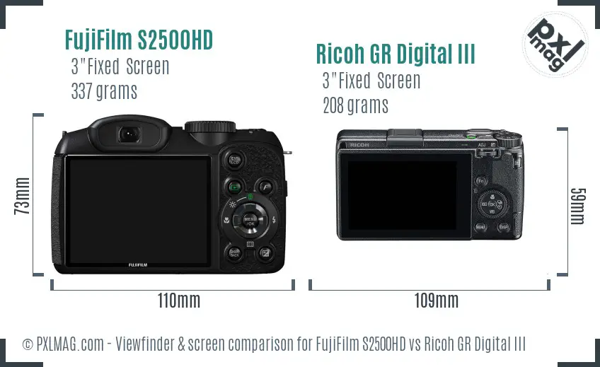 FujiFilm S2500HD vs Ricoh GR Digital III Screen and Viewfinder comparison