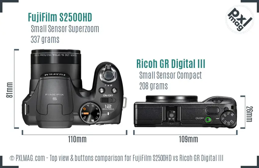 FujiFilm S2500HD vs Ricoh GR Digital III top view buttons comparison