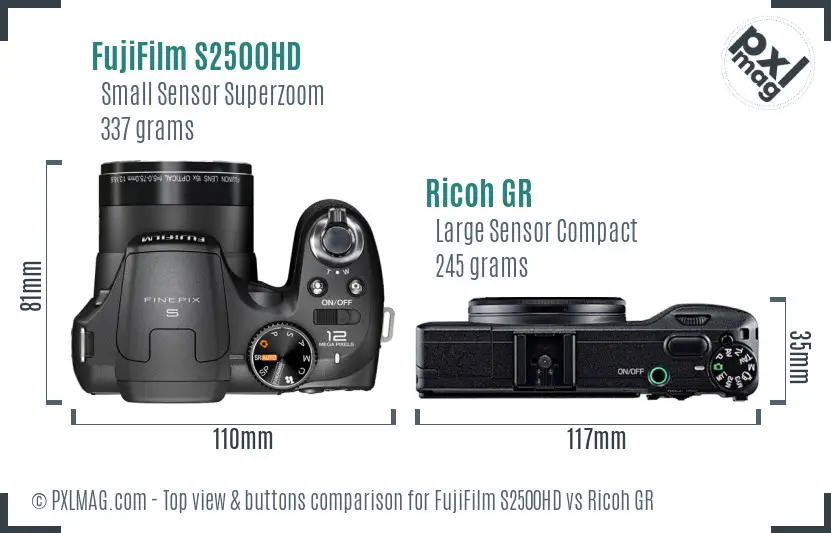 FujiFilm S2500HD vs Ricoh GR top view buttons comparison