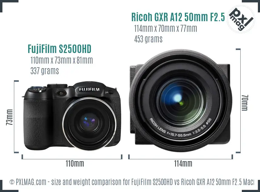 FujiFilm S2500HD vs Ricoh GXR A12 50mm F2.5 Macro size comparison FujiFilm S2500HD vs Ricoh GXR A12 50mm F2.5 Macro size comparison