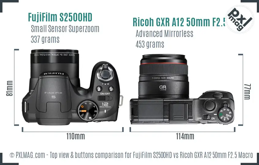 FujiFilm S2500HD vs Ricoh GXR A12 50mm F2.5 Macro top view buttons comparison FujiFilm S2500HD vs Ricoh GXR A12 50mm F2.5 Macro top view buttons comparison