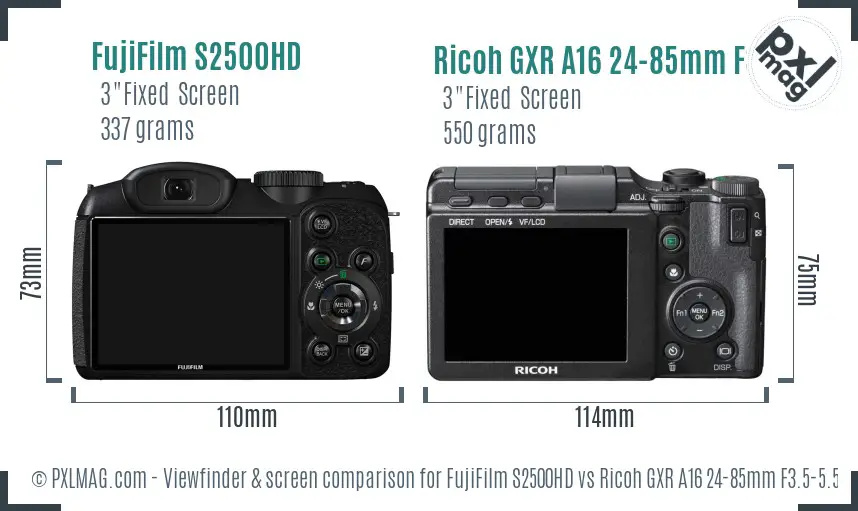 FujiFilm S2500HD vs Ricoh GXR A16 24-85mm F3.5-5.5 Screen and Viewfinder comparison