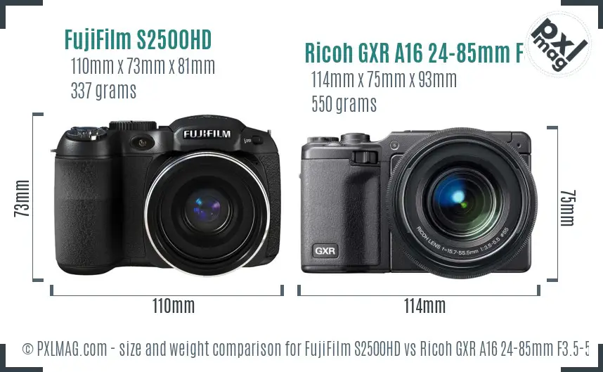FujiFilm S2500HD vs Ricoh GXR A16 24-85mm F3.5-5.5 size comparison