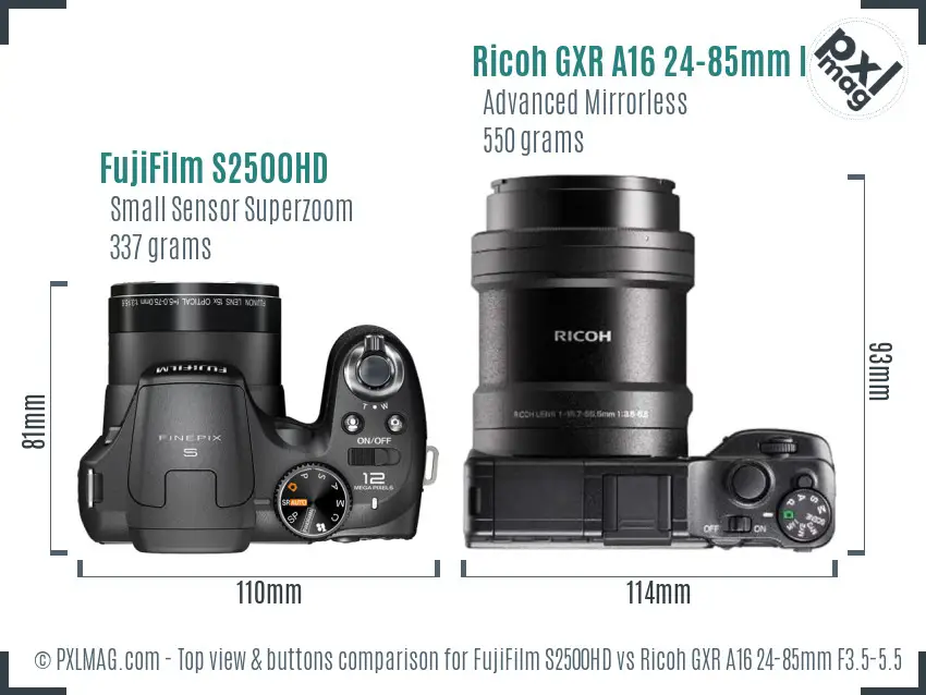 FujiFilm S2500HD vs Ricoh GXR A16 24-85mm F3.5-5.5 top view buttons comparison