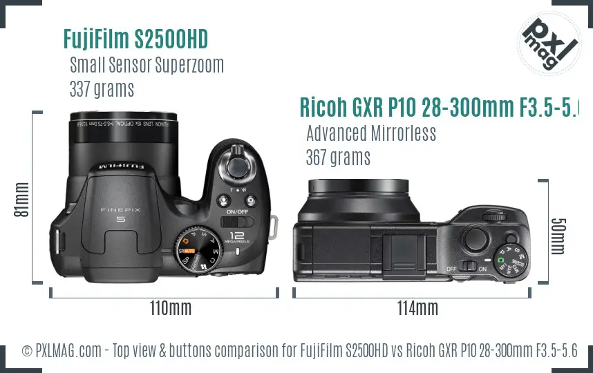 FujiFilm S2500HD vs Ricoh GXR P10 28-300mm F3.5-5.6 VC top view buttons comparison FujiFilm S2500HD vs Ricoh GXR P10 28-300mm F3.5-5.6 VC top view buttons comparison