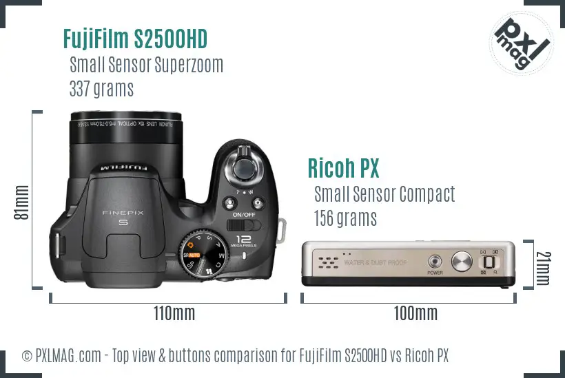 FujiFilm S2500HD vs Ricoh PX top view buttons comparison