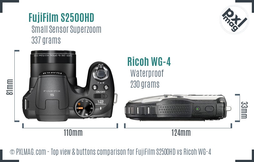 FujiFilm S2500HD vs Ricoh WG-4 top view buttons comparison