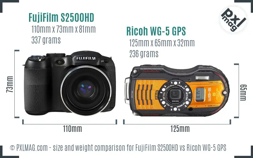 FujiFilm S2500HD vs Ricoh WG-5 GPS size comparison FujiFilm S2500HD vs Ricoh WG-5 GPS size comparison