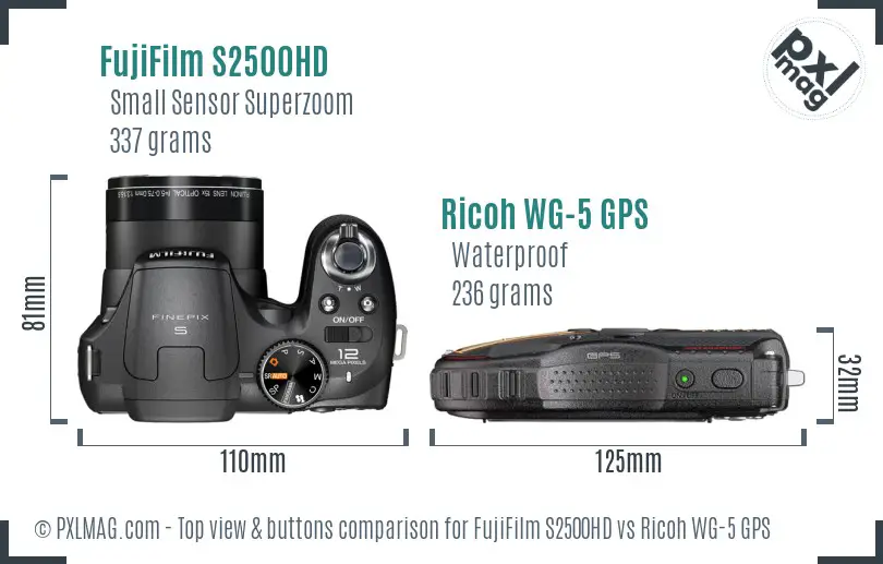 FujiFilm S2500HD vs Ricoh WG-5 GPS top view buttons comparison FujiFilm S2500HD vs Ricoh WG-5 GPS top view buttons comparison