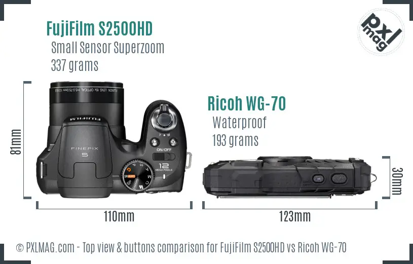 FujiFilm S2500HD vs Ricoh WG-70 top view buttons comparison FujiFilm S2500HD vs Ricoh WG-70 top view buttons comparison