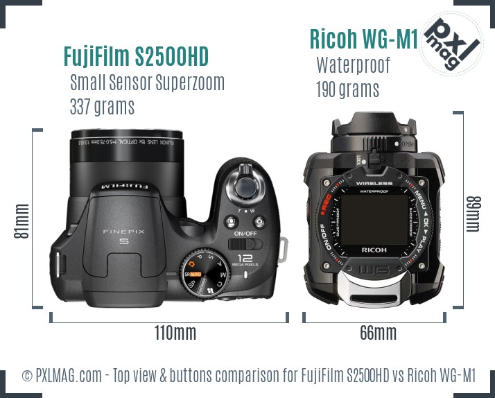 FujiFilm S2500HD vs Ricoh WG-M1 top view buttons comparison