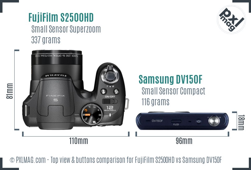 FujiFilm S2500HD vs Samsung DV150F top view buttons comparison