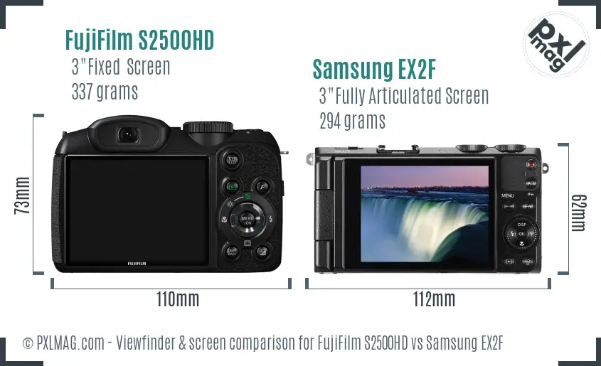 FujiFilm S2500HD vs Samsung EX2F Screen and Viewfinder comparison