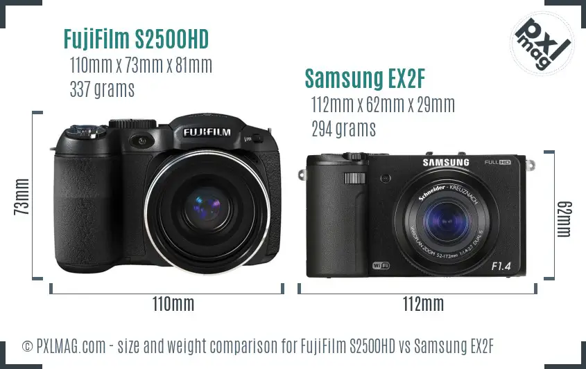 FujiFilm S2500HD vs Samsung EX2F size comparison FujiFilm S2500HD vs Samsung EX2F size comparison