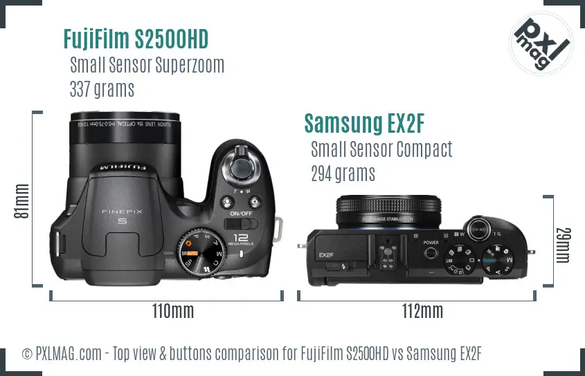 FujiFilm S2500HD vs Samsung EX2F top view buttons comparison
