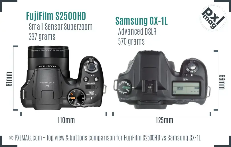 FujiFilm S2500HD vs Samsung GX-1L top view buttons comparison