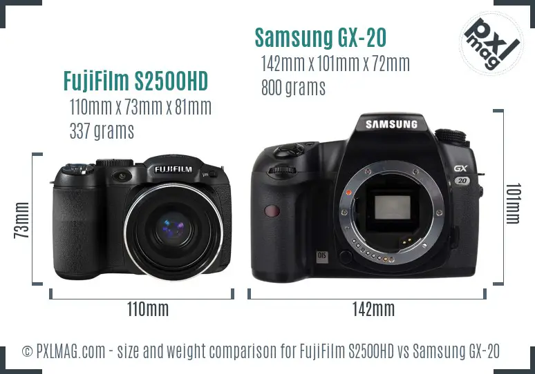 FujiFilm S2500HD vs Samsung GX-20 size comparison FujiFilm S2500HD vs Samsung GX-20 size comparison