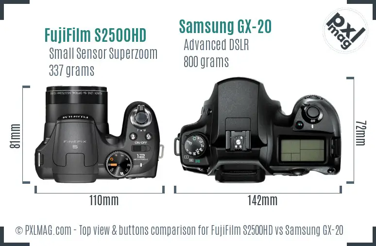FujiFilm S2500HD vs Samsung GX-20 top view buttons comparison FujiFilm S2500HD vs Samsung GX-20 top view buttons comparison