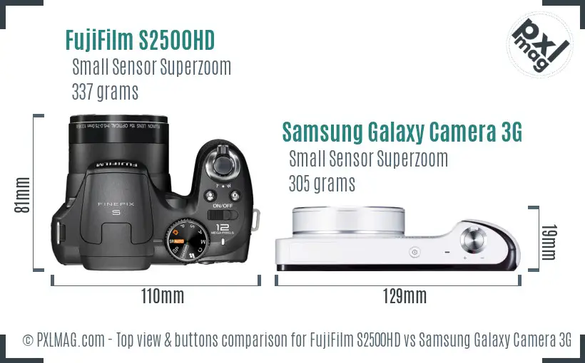FujiFilm S2500HD vs Samsung Galaxy Camera 3G top view buttons comparison