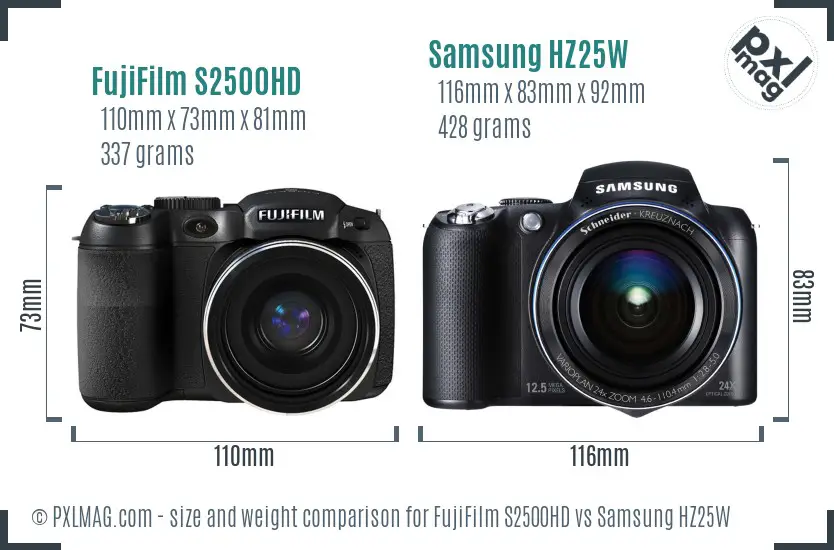 FujiFilm S2500HD vs Samsung HZ25W size comparison