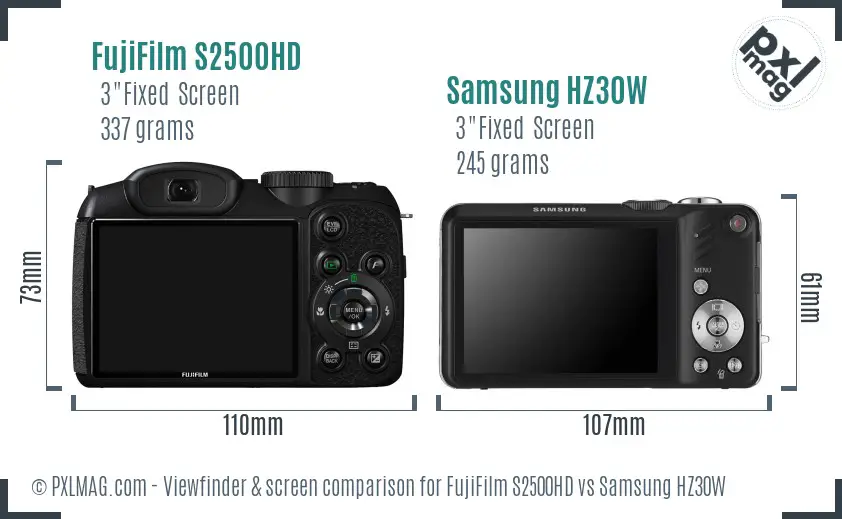 FujiFilm S2500HD vs Samsung HZ30W Screen and Viewfinder comparison