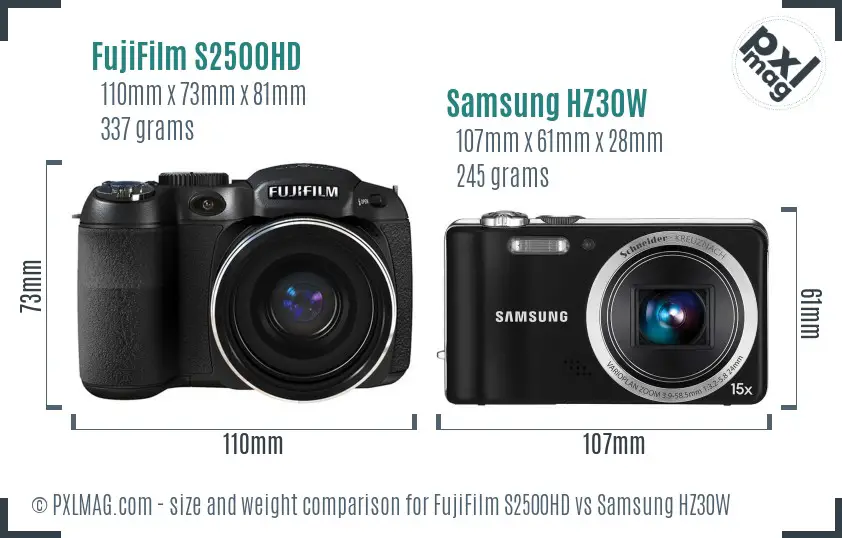 FujiFilm S2500HD vs Samsung HZ30W size comparison