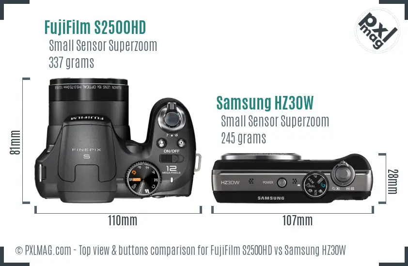 FujiFilm S2500HD vs Samsung HZ30W top view buttons comparison