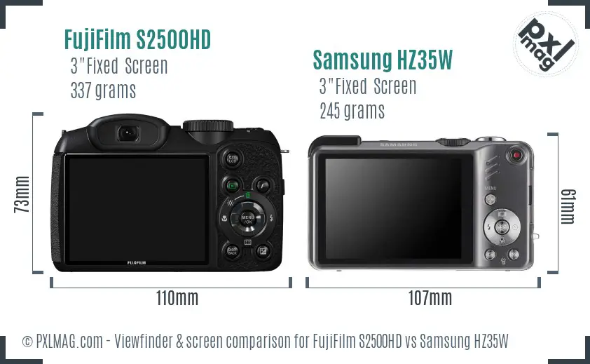 FujiFilm S2500HD vs Samsung HZ35W Screen and Viewfinder comparison