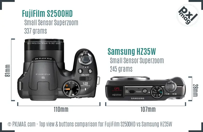 FujiFilm S2500HD vs Samsung HZ35W top view buttons comparison
