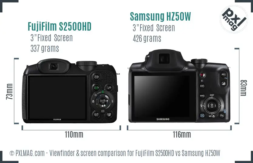 FujiFilm S2500HD vs Samsung HZ50W Screen and Viewfinder comparison