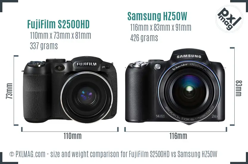 FujiFilm S2500HD vs Samsung HZ50W size comparison