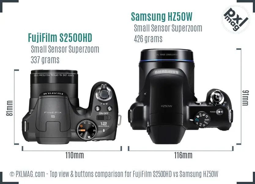 FujiFilm S2500HD vs Samsung HZ50W top view buttons comparison
