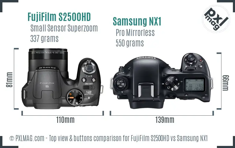 FujiFilm S2500HD vs Samsung NX1 top view buttons comparison