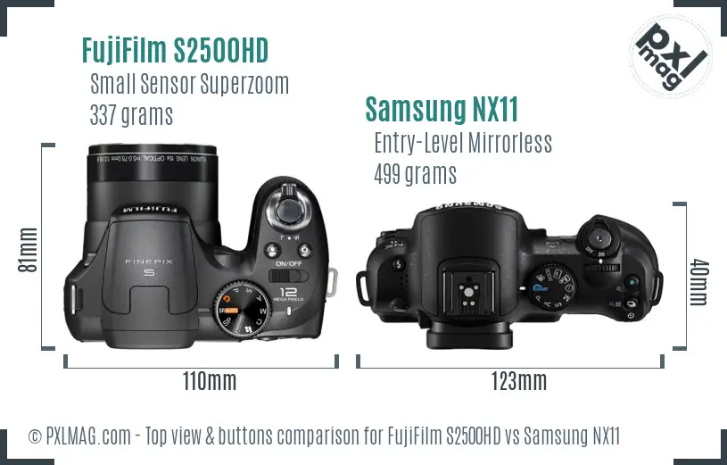 FujiFilm S2500HD vs Samsung NX11 top view buttons comparison