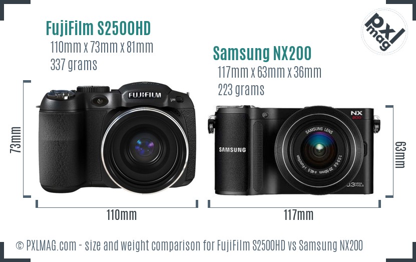 FujiFilm S2500HD vs Samsung NX200 size comparison