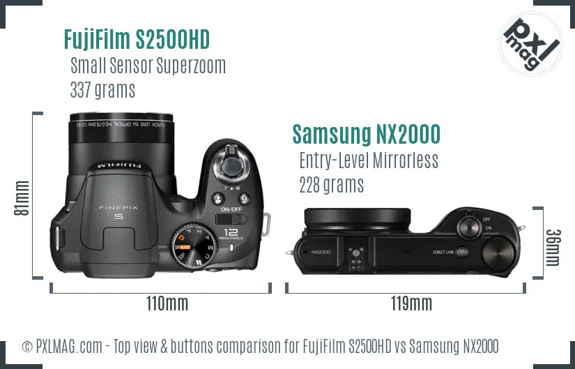 FujiFilm S2500HD vs Samsung NX2000 top view buttons comparison FujiFilm S2500HD vs Samsung NX2000 top view buttons comparison