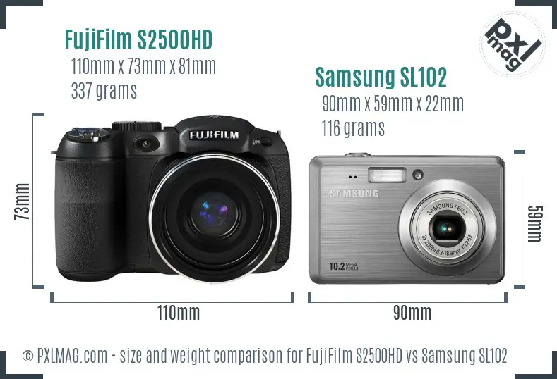 FujiFilm S2500HD vs Samsung SL102 size comparison FujiFilm S2500HD vs Samsung SL102 size comparison