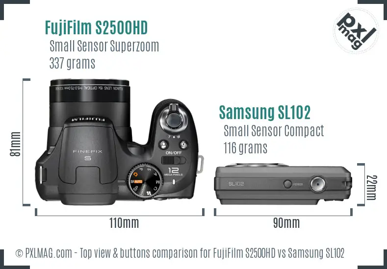 FujiFilm S2500HD vs Samsung SL102 top view buttons comparison FujiFilm S2500HD vs Samsung SL102 top view buttons comparison