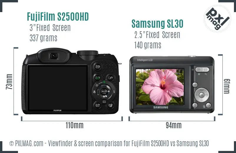 FujiFilm S2500HD vs Samsung SL30 Screen and Viewfinder comparison