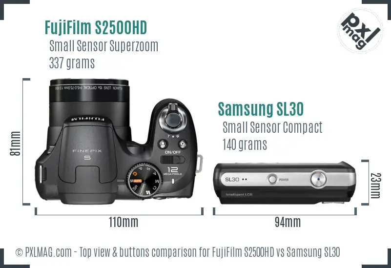 FujiFilm S2500HD vs Samsung SL30 top view buttons comparison
