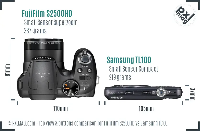 FujiFilm S2500HD vs Samsung TL100 top view buttons comparison